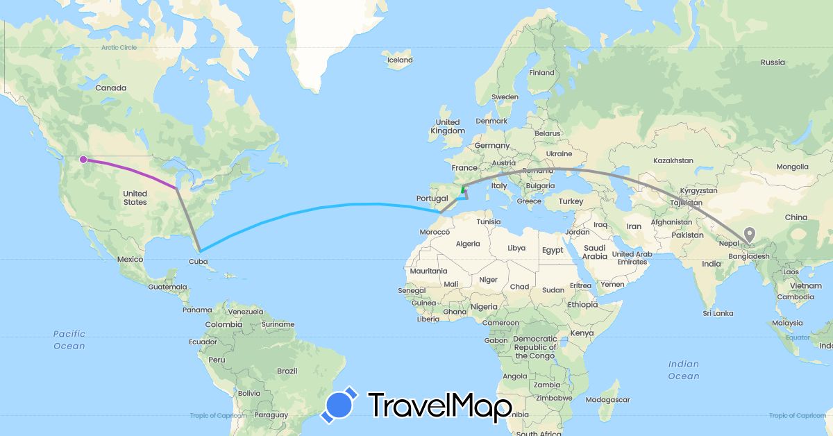 TravelMap itinerary: driving, bus, plane, train, boat in Andorra, Bhutan, Spain, United States (Asia, Europe, North America)